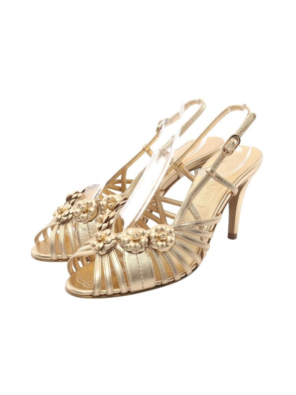 Chanel Sandals Camellia Leather Mules Gold